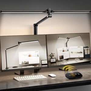 Black LED Desk Lamp, Double Swing Arm Wide Lighting Area w/ Stepless Dimming